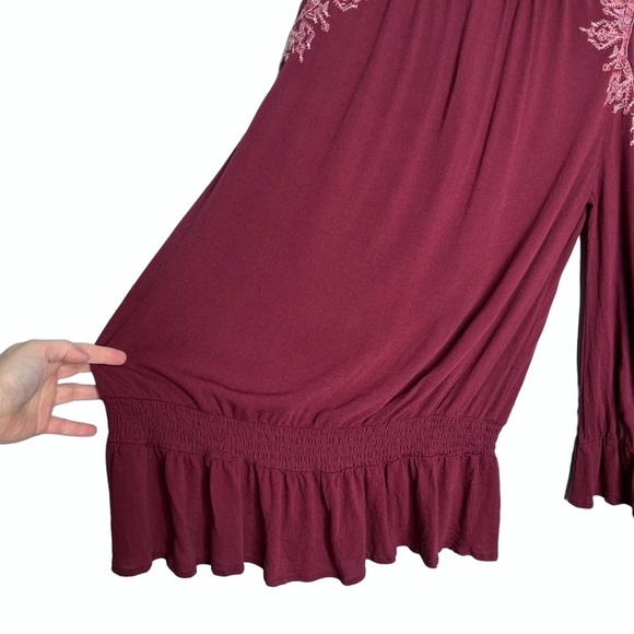 Alpha Amour Maroon Cold Shoulder Tassel Flare Sleeve Ruffle Hem Blouse - Picture 9 of 10